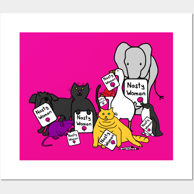 Animals with Nasty Woman Signs Wall Art by ellenhenryart